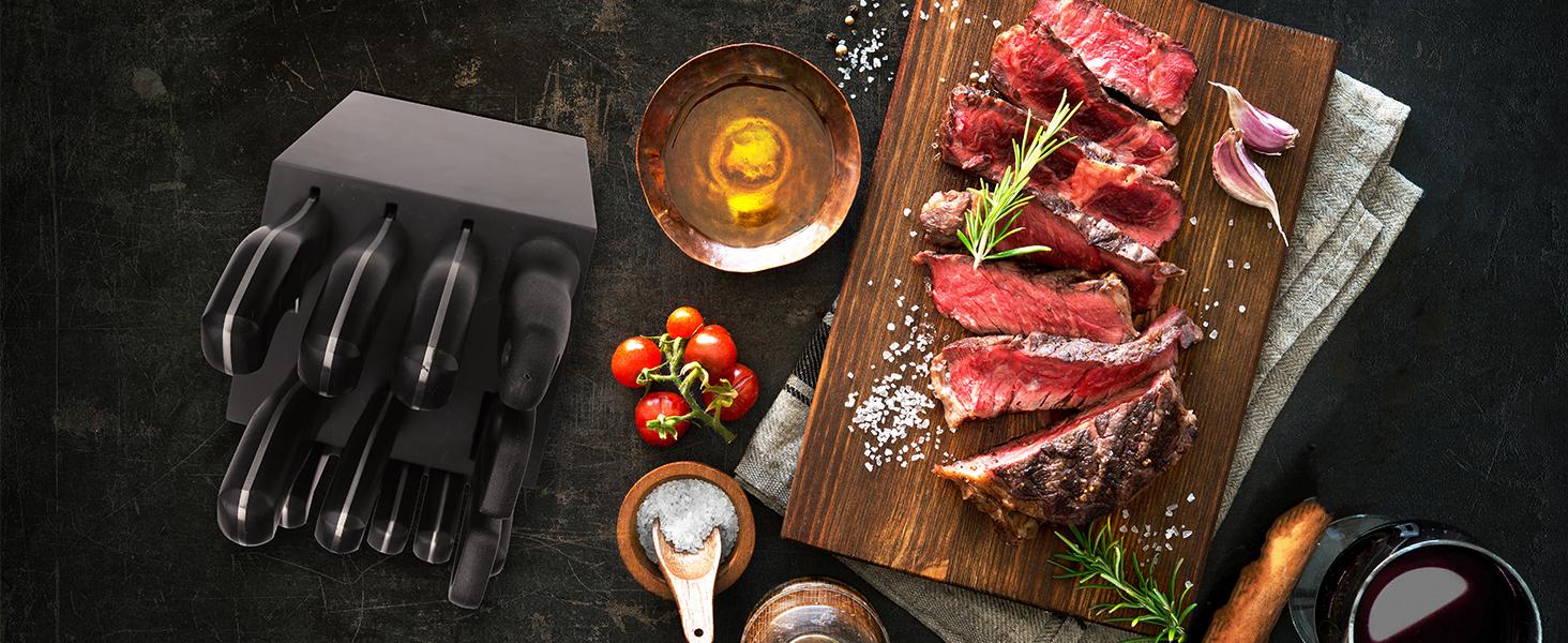 #JumpstartSale HAUSHOF 14 PCS Kitchen Knife Set With Block Wooden, Razor-Sharp Stainless Steel, Forged Triple Rivet, Chefs, Santoku, Slicing, Utility & 6 Steak Knives, Black
