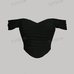 Off Shoulder Fish Bone Decoration Ruched Waist White Corset Structure Crop Top Fabric Fit fashion casual Can be used with raincoat