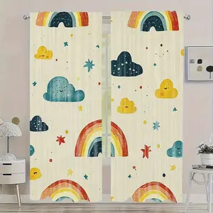 Rainbow Cloud Print Curtains Set, Home Decoration Curtain, Stylish Rod Pocket Window Drapes for Bedroom & Living Room, Comfortable Atmosphere, Easy Installation