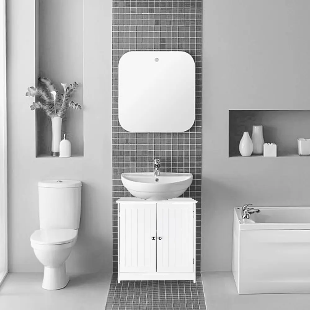 Waterproof MDF Bathroom Sink Cabinet with 2 Slatted Doors, Space-Saving Storage Furniture for Bathroom Organization