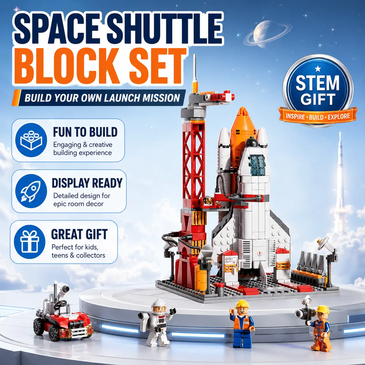 Space Rocket Launch Center Building Set DIY Space Shuttle with Launch Pad Tower and Astronaut Minifigures Educational Brick Toy for Kids and Collectors STEM Compatible