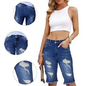 Summer Dark Blue Ripped Denim Capris - Distressed Frayed High-Waisted Jean Shorts