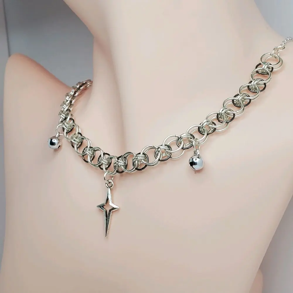Stainless Steel Chainmail Choker with Star Pendant and Bell Charm Silver Tone Fashion Accessory for Trendy Looks