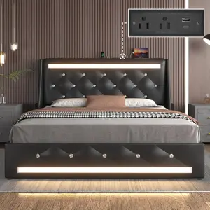 Upholstered Bed Frame with LED Lights, Charging Station & Diamond Headboard, Platform Bed with Wooden Slats, No Box Spring, Noise Free, Easy Assembly