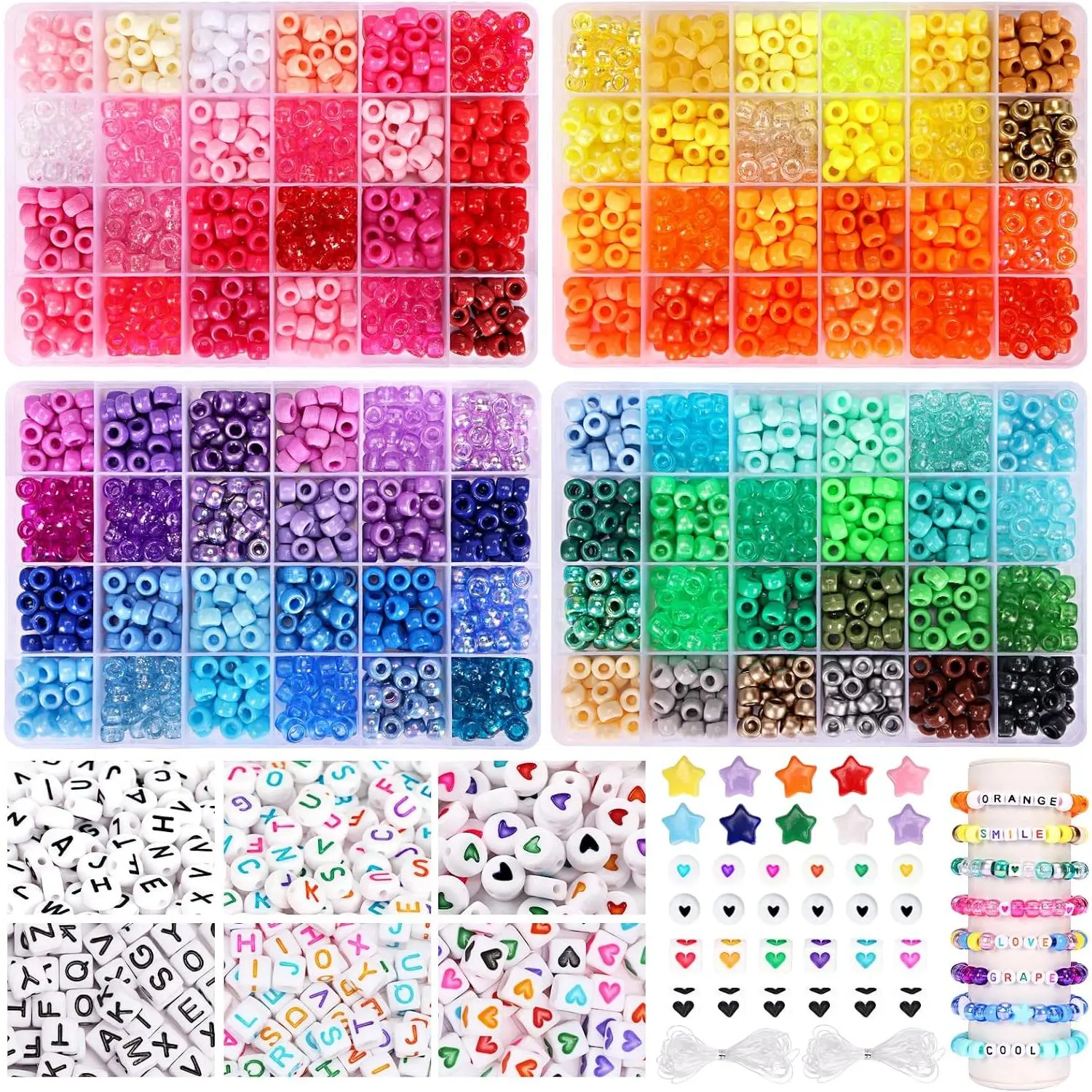 96 Colors 3000 Pony Beads Bracelet Making Kit Friendship Bracelet Kit Kandi Beads with Letter and Heart Beads Elastic Threads for  Necklace Making