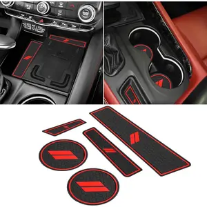 for Dodge Durango Accessories 2021 2022 2023 2024 2025 Cup Holder Insert Coasters Center Console Liner Trim Mats Non-Slip Silicone Anti Dust Premium Custom Interior 5PCs Set (Red Trim)