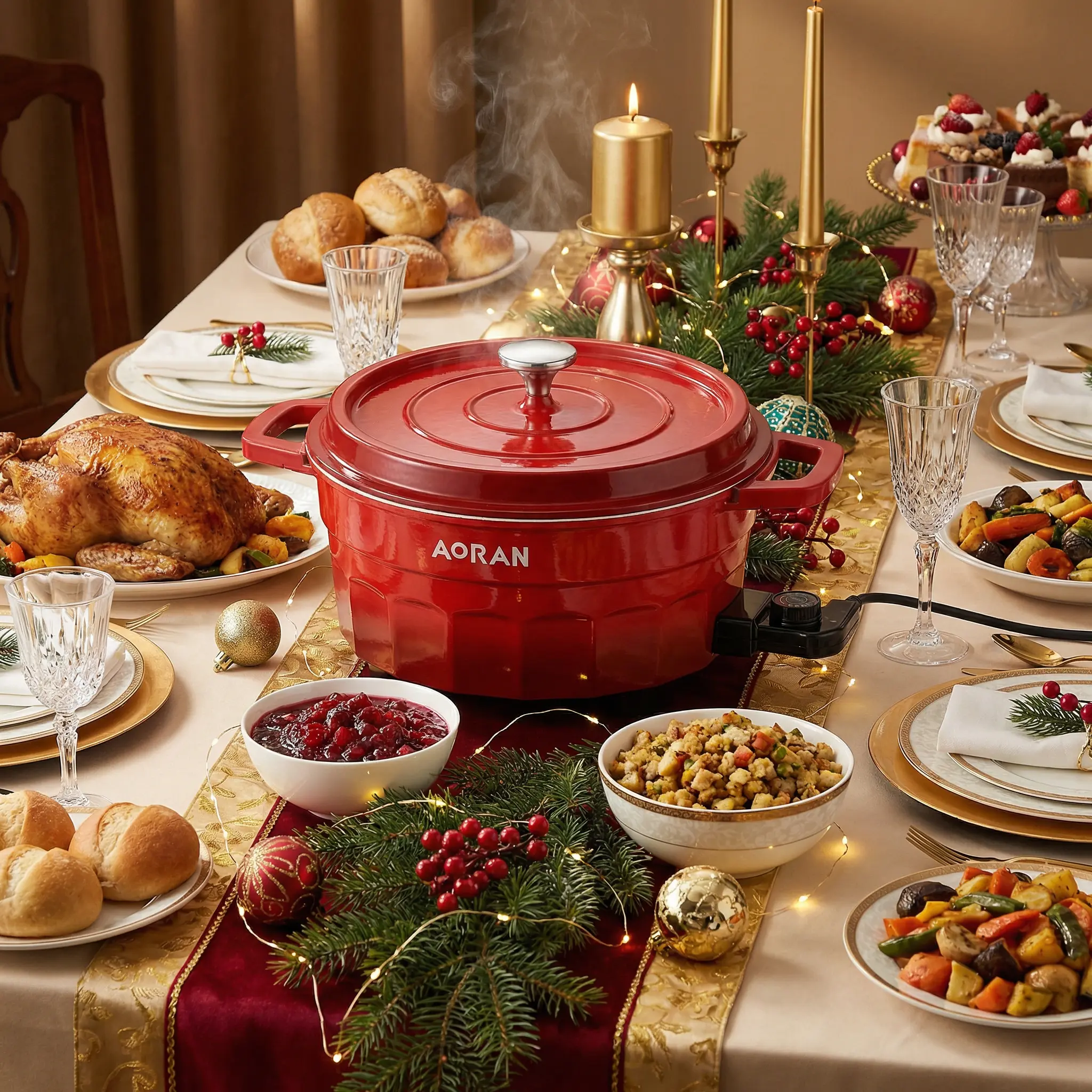 AORAN Multifunctional Red Enamel Dual-Zone Electric Hot Pot, Rapid Heat Transfer, High-Temperature Resistance, Non-Stick Coating for Easy Cleaning, Multifunctional Hot Pot tiktokshopbacktoschool