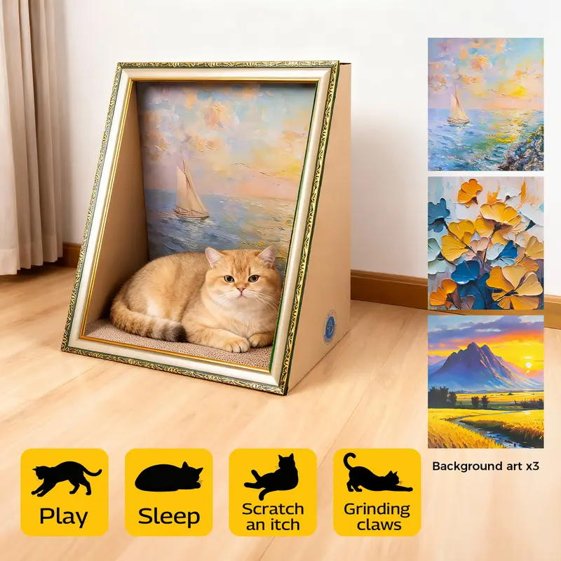 TXFNY Large Cardboard Cat Scratcher House - Artistic Home Decor with Argyle Landscape Oil Painting Frame, Detachable Non-Slip Cozy Cave Bed, Replaceable Scratching Pad, Stylish Pet Furniture for Indoor Cats