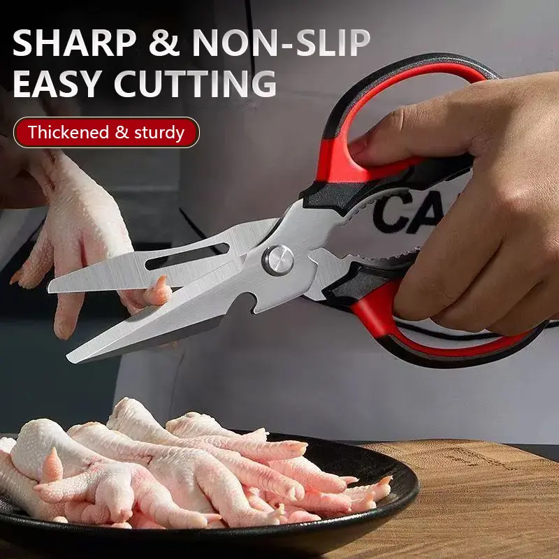 Heavy Duty Stainless Steel Poultry Shears High-Carbon Steel Kitchen Scissors Ergonomic Handle for Meat Seafood & Bone Cutting Rust-Resistant Black-Red Handles 8.46 Inches Long