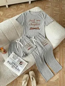 Women's Letter Print Sleepwear Set, Loose Fit Casual Pajamas, All-Season Comfortable Nightwear, Stylish Book Design, Loungewear Pjs