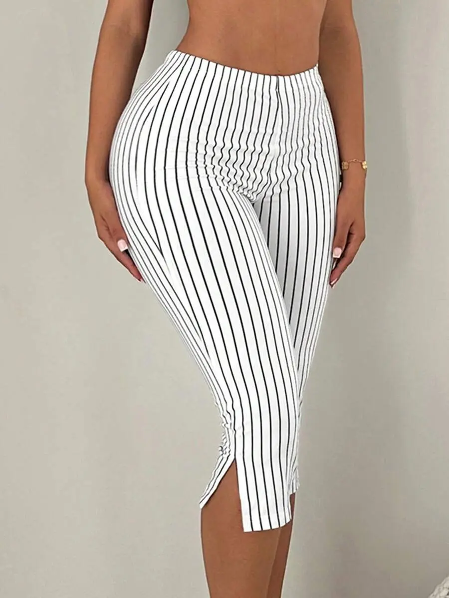 XLAIS Black And White Checkered Print High Waist Metal Slit 7/8 Leggings Commute Office Daily Summer Casual,Capri Pants ,Summer  ,Going Out