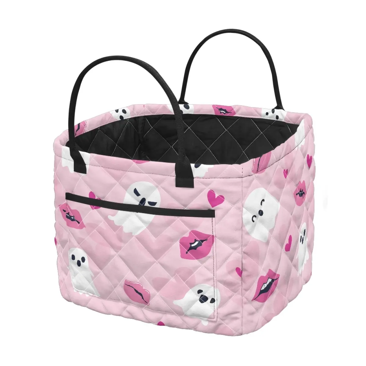 Pink Halloween Quilted Storage Organizer Basket - Spooky Ghost-Heart Print Fabric Bin, Collapsible Multi-Purpose Tote for Clothes, Toys, Bedroom Home Decor