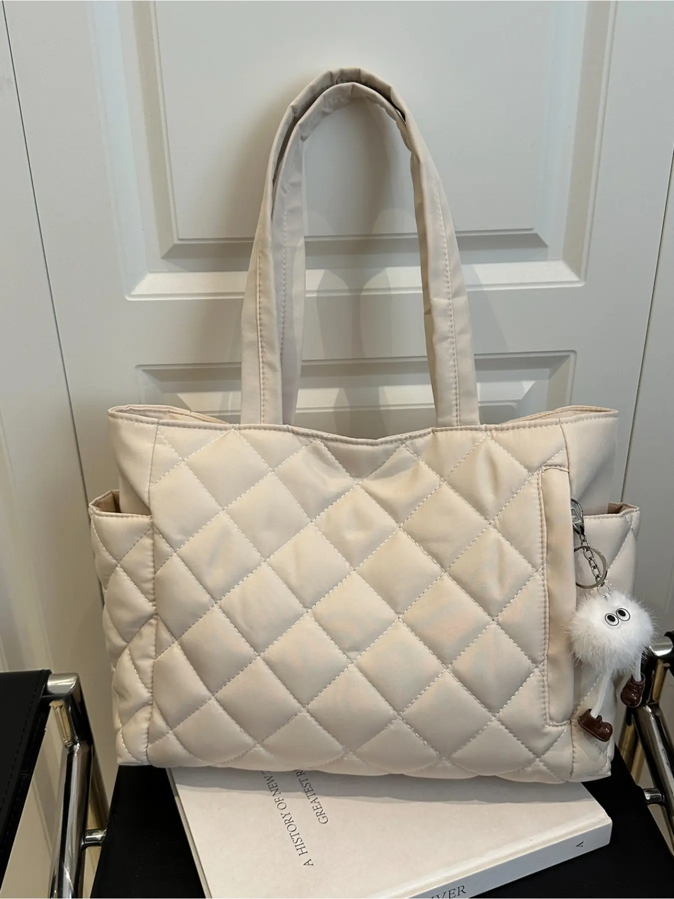 Cream White Quilted Puffy Tote Bag with Cute Pendant Large Capacity Commuter Bag for Women Students Versatile Shoulder Handbag