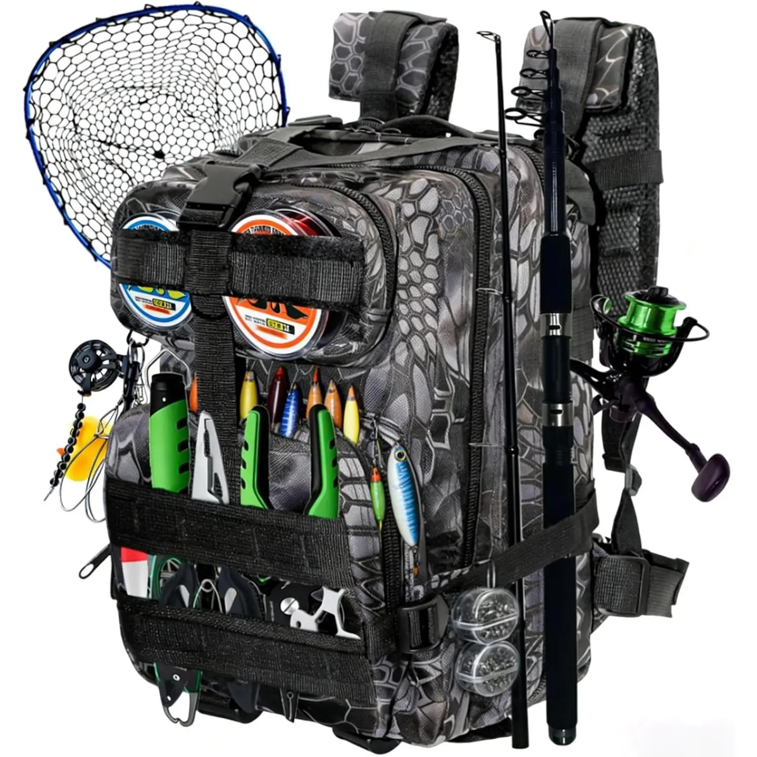 Professional Fishing Tackle Backpack, Water-Resistant Oxford Fabric Bag for Men and Women with Large Capacity, Rod Holder, and Fishing Reel Storage, Fishing Pole Bag, Outdoor Fishing Equipment