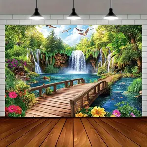 1pc 2D Flat Nature Scenery Backdrop Banner - Waterfall, Wooden Bridge, Verdant Forest Design, Vibrant Polyester Fabric for Photo Shoots, Birthday Parties - No Electricity Needed, Easy to Hang, Banners,summervibes