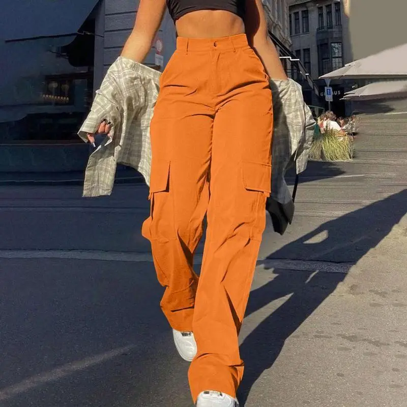 Women's Street Fashion Multi-Pocket Cargo Straight-Leg Pants High Waist Slimming Loose Cargo Pants Fitted Womenswear