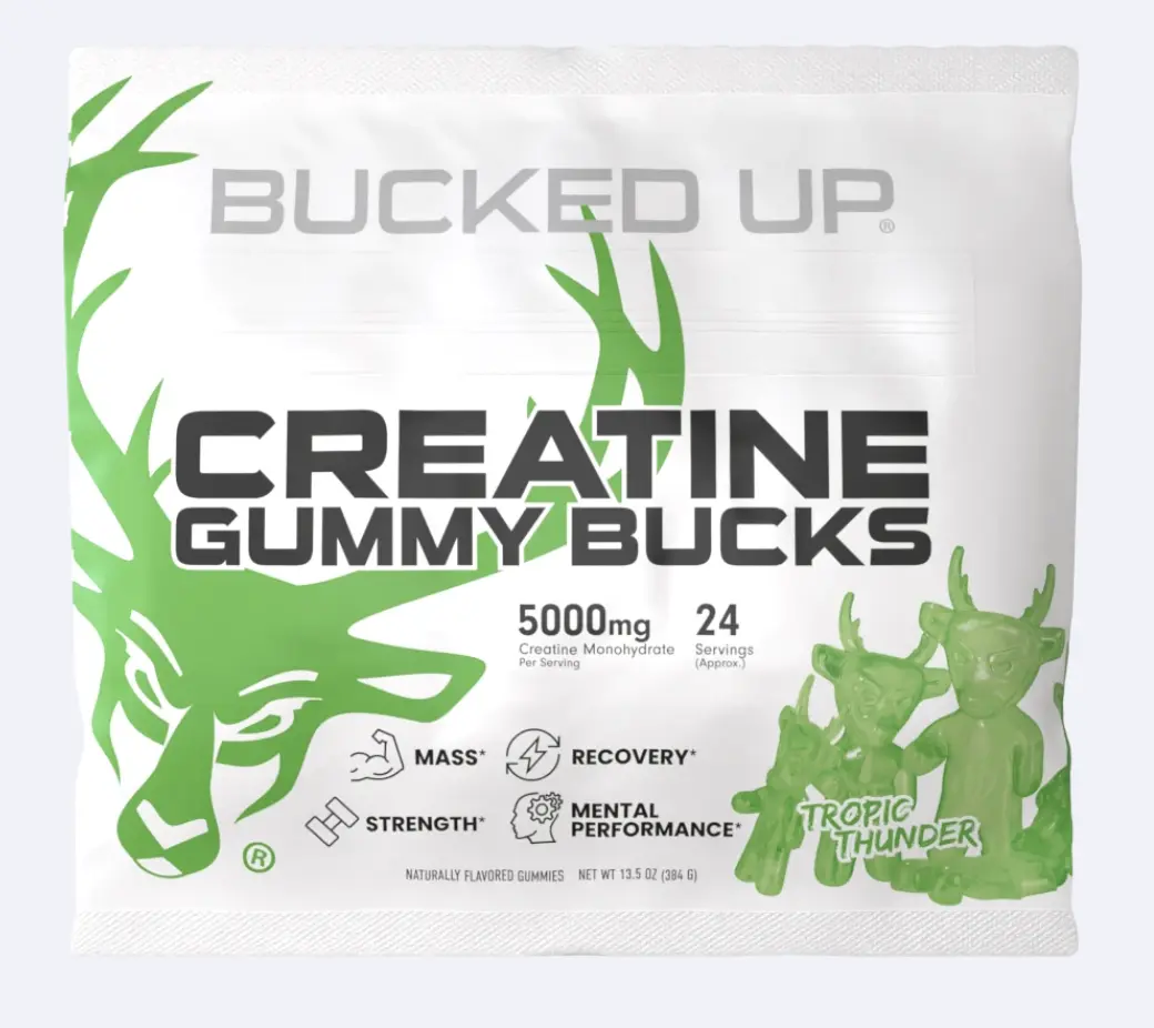 Bucked Up 5000mg High Potency Gluten-Free Chewable Muscle Supplement Gummies - Tropic Thunder, Raspberry Blitz, Melon Madness (Watermelon), Knockout Punch, Blue Blast Flavors, Women's Micronized Monohydrate Creatine, Strong, Easy to Consume, High Potency,