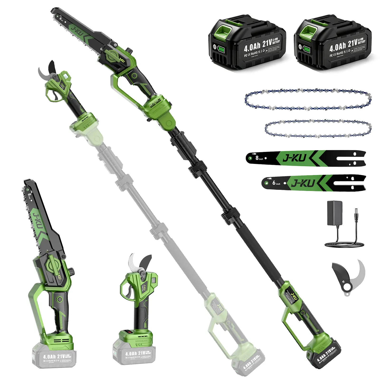 J-KU 4-in-1 Cordless Alloy Steel Pole Saw & Pruning Shears Kit, High-Torque, 2×4.0Ah Batteries, 8.5ft Telescopic Adjustable Pole, 1.4in Cutting Capacity for Tree Trimming & Branch Cutting
