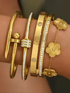 5-Piece Fashion Stainless Steel Bracelet Set, Rhinestone Bangle Bracelet for Holiday Gift；18K stainless steel jewelry that is not easily faded;Suitable gifts for various festivals