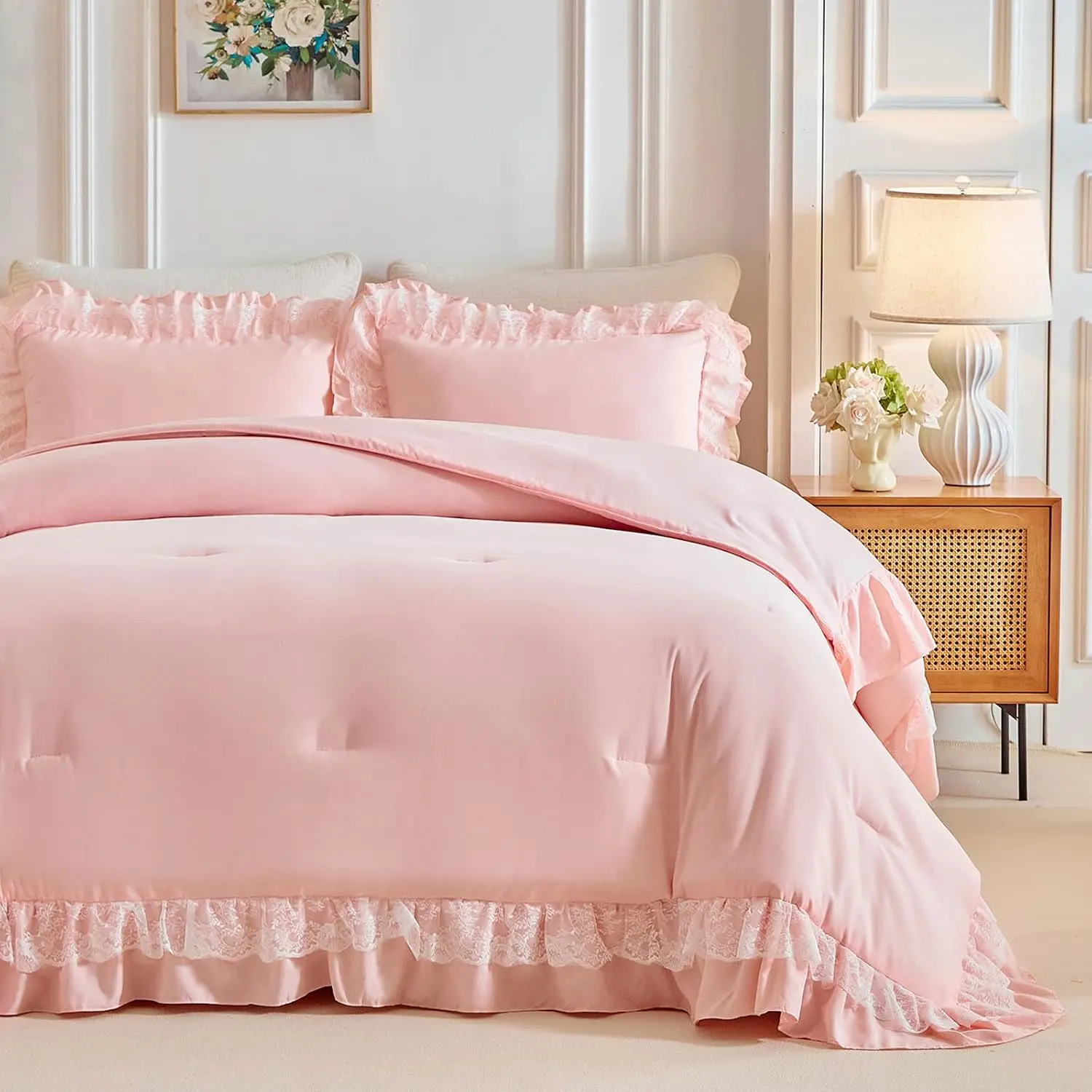 Twin Size Comforter Set Blush Pink, 3pcs Lace Ruffled Bedding Comforter Set, Microfiber Vintage Boho Chic Bedding Set for All Season- 68x88 inches