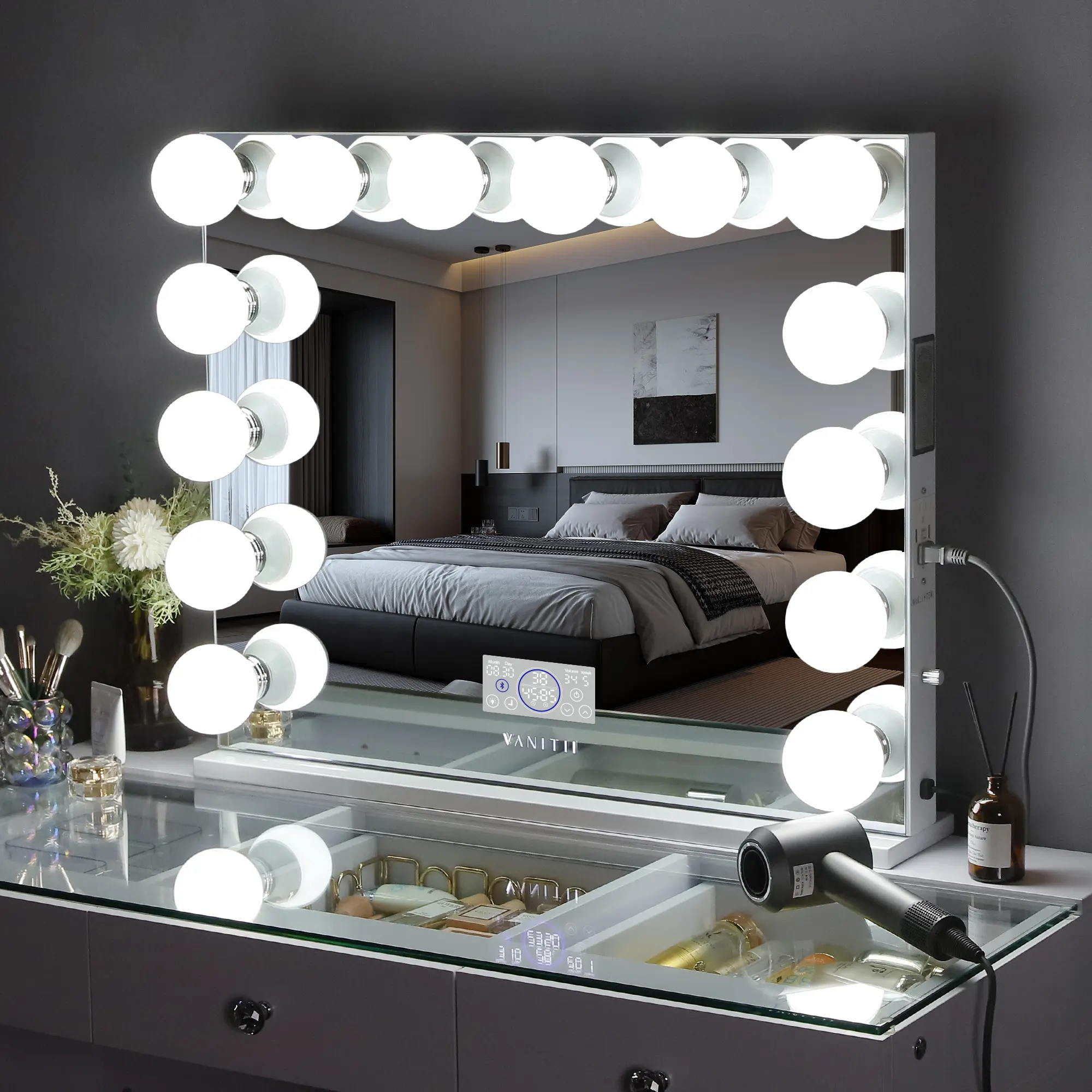 VANITII Hollywood Vanity  Makeup Mirror 32''×26'' Bluetooth With 14 LED Bulbs Wall Amount USB Charging Touch Sensor Light Adjustable White Big Size Gift For her Decor,summervibes