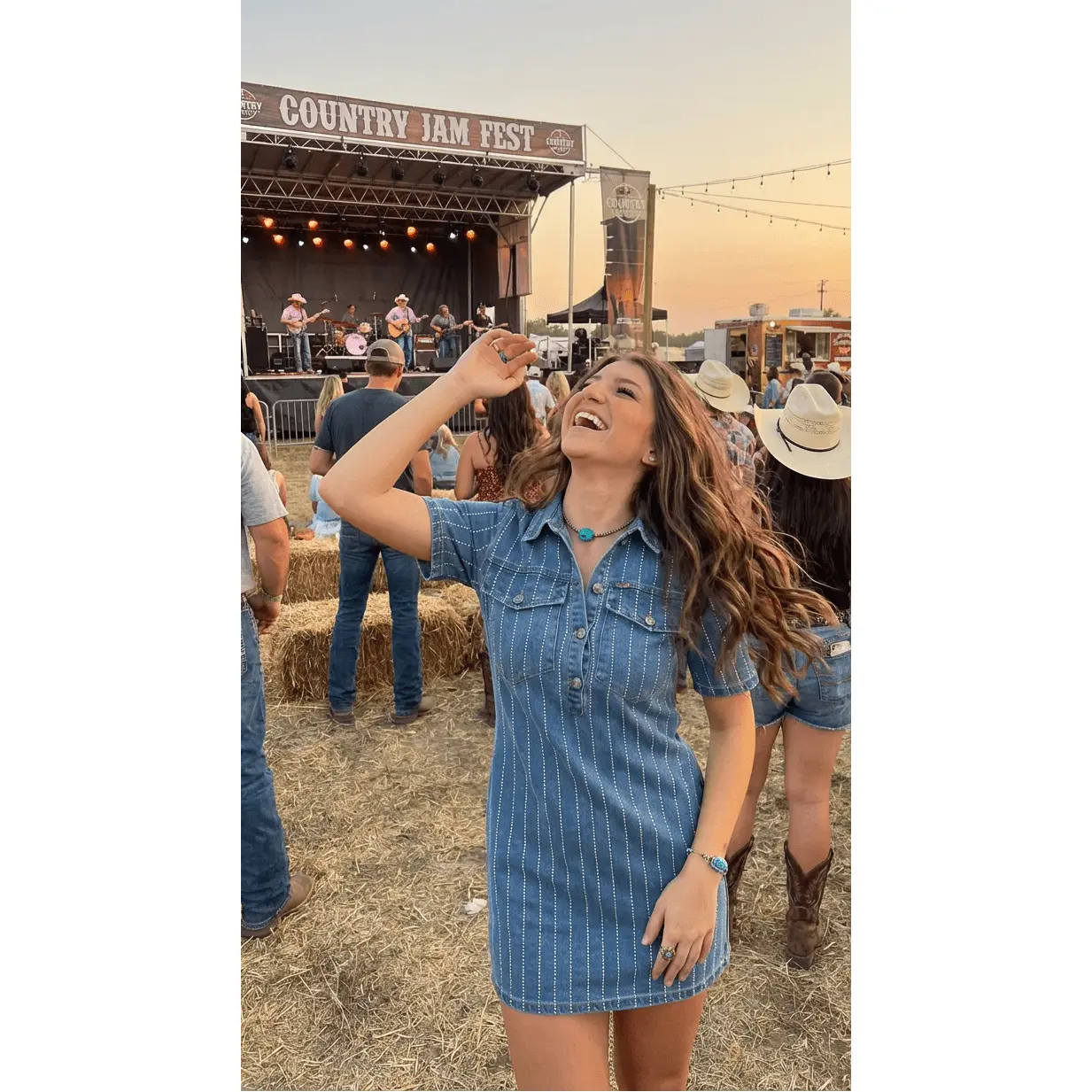 LUCKY & BLESSED Light Wash Denim Rhinestone Striped Western Mini Dress — Stretch Denim with Shimmering Pinstripes