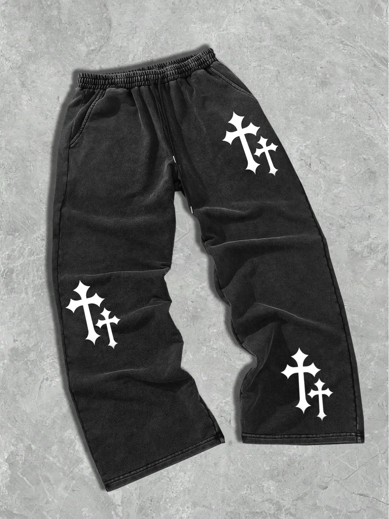 Men's Trendy Distressed Print Sweatpants, Casual Loungewear Pants, Cross Element, Metal Drawstring Detail, Dark Street Style Streetwear, Casual Party Wear, Fashionable, Stylish