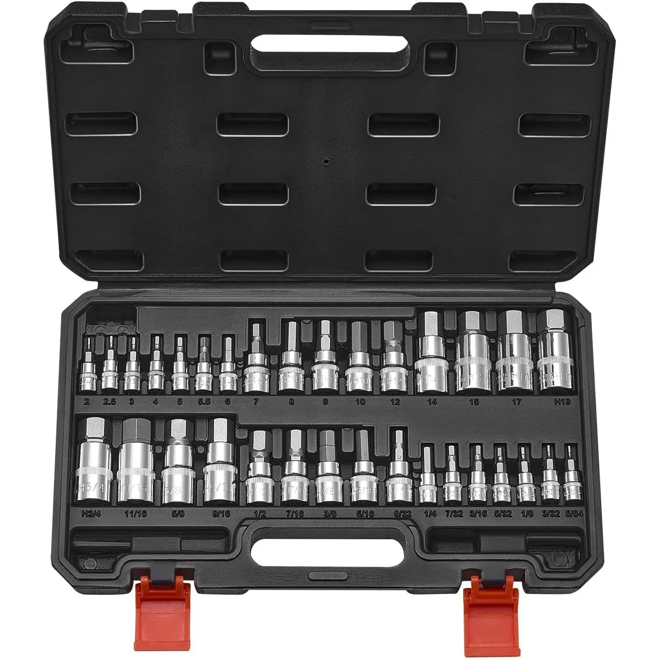 VEVOR 32-Piece Hex Socket Set, S2 Alloy Steel & Cr-V Steel, 1/4 in-3/8 in-1/2 in Drives, SAE/Metric Sizes (2.5mm, 3mm Included), Corrosion Resistant, Enhanced Storage Case, Tools for Mechanic Auto Repair