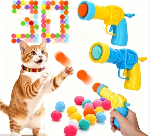 Cat Pom Pom Ball Plastic Launcher Toy Set - 30 Pcs Soft Plush Balls, Easy Manual No-Battery Needed Interactive Fetch Toy for Indoor Kitten Training & Play, Pet Supplies