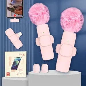 Pink and black Wireless Lavalier Mini Microphone 2 Pcs for iPhone iPad Professional Lapel Mics Plug Play Ultra Low Delay Noise Reduction for Video Recording Interview Conference Podcast Vlog