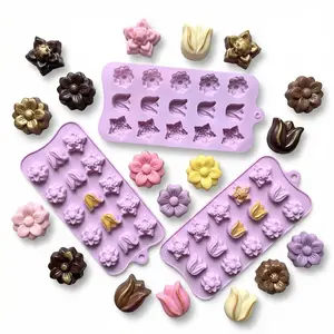 3pcs Tulip Shape Chocolate Silicone Molds, DIY Candy Pudding Baking Cookie Birthday Cake Decoration, 15 Cavity Mold Set