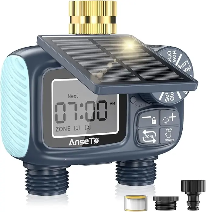 2 Zone Solar Powered Garden Sprinkler Timer, Brass Inlet Programmable Intelligent Irrigation Controller with Rain Delay & Manual Watering Mode for Lawn Patio Drip Irrigation