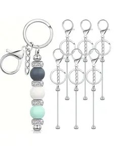6 Piece Beaded Keychain Set, DIY Keyring Making Materials, Silver Color Metal Beads Blank Keychains, Handmade Jewelry Accessories, Trendy Cute Keychain