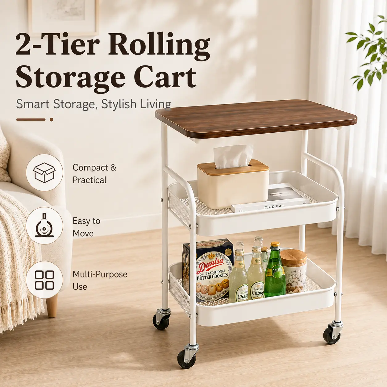 2-Tier Rolling Storage Cart with Smooth Wood Top, Mobile Utility Organizer with 360° Swivel Wheels, Metal Mesh Basket Racks, Space-Saving Trolley for Kitchen, Bathroom, Dorm