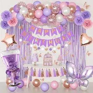 Purple Pink Birthday Party Decorations for Women Girls, Butterfly Confetti Rose Gold Lavender Balloons Happy Birthday Banner Fringe Curtains Hanging Swirls Circle Dots Tassels Pom 30th 40th 50th