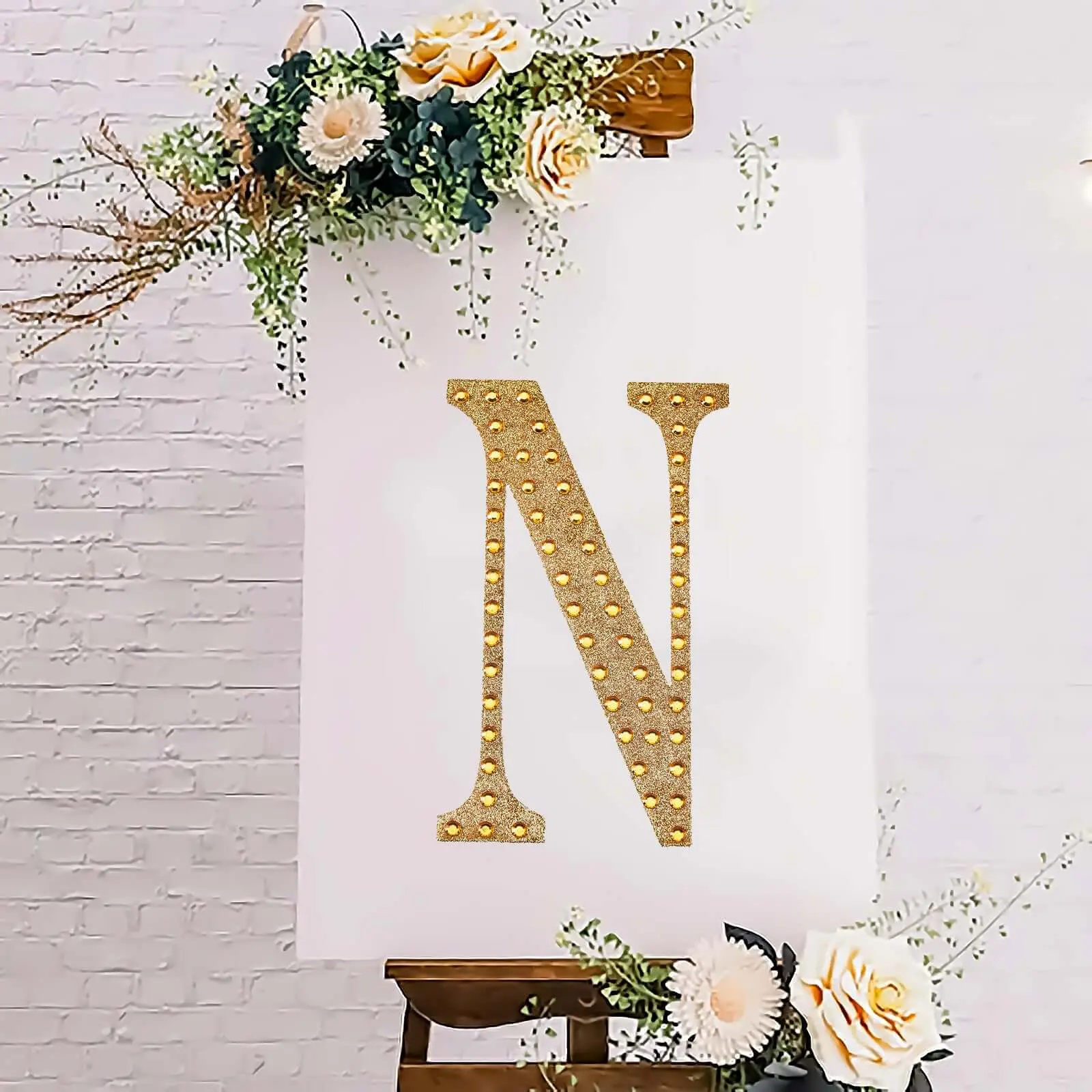 Decorative Rhinestone Alphabet "N" Letter Stickers 8", Gold Glitter Adhesive Craft Letters - DIY Sparkle Embellishments