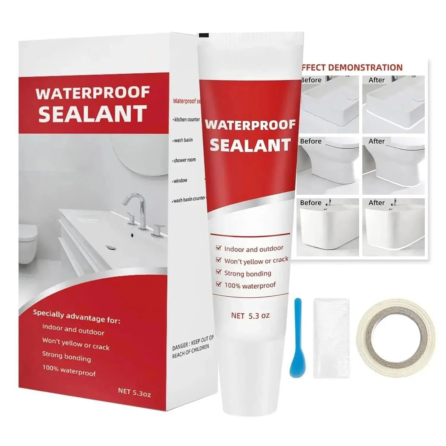 Advanced Silicone Caulk for Kitchen & Bathroom - 100% Waterproof Silicone Sealant for Interior and Exterior Use, Stronger Adhesion, Shrink & Crack Proof - 5.3 oz White