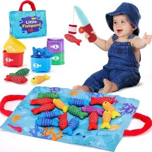 3 In 1 Fabric Fishing Game Toy, Stacking Cups & Number Counting Play Mat, Soft Montessori Educational Toy for Toddlers, Sensory Learning Gift for Kids 1‑6 Years Old