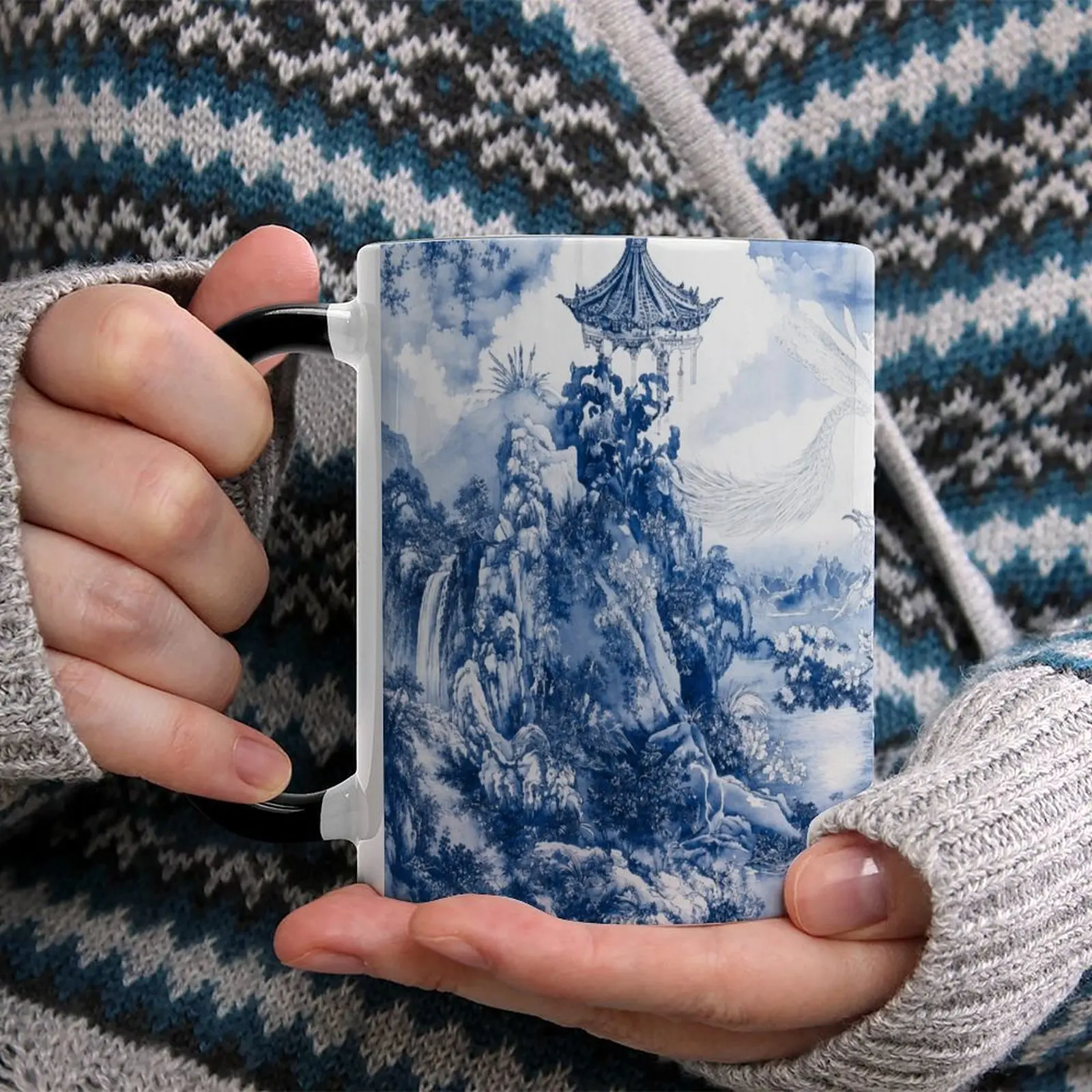 Stylish Traditional Blue Chinese Landscape Painting Accent Mug, Kitchenware Drinkware for Coffee Use