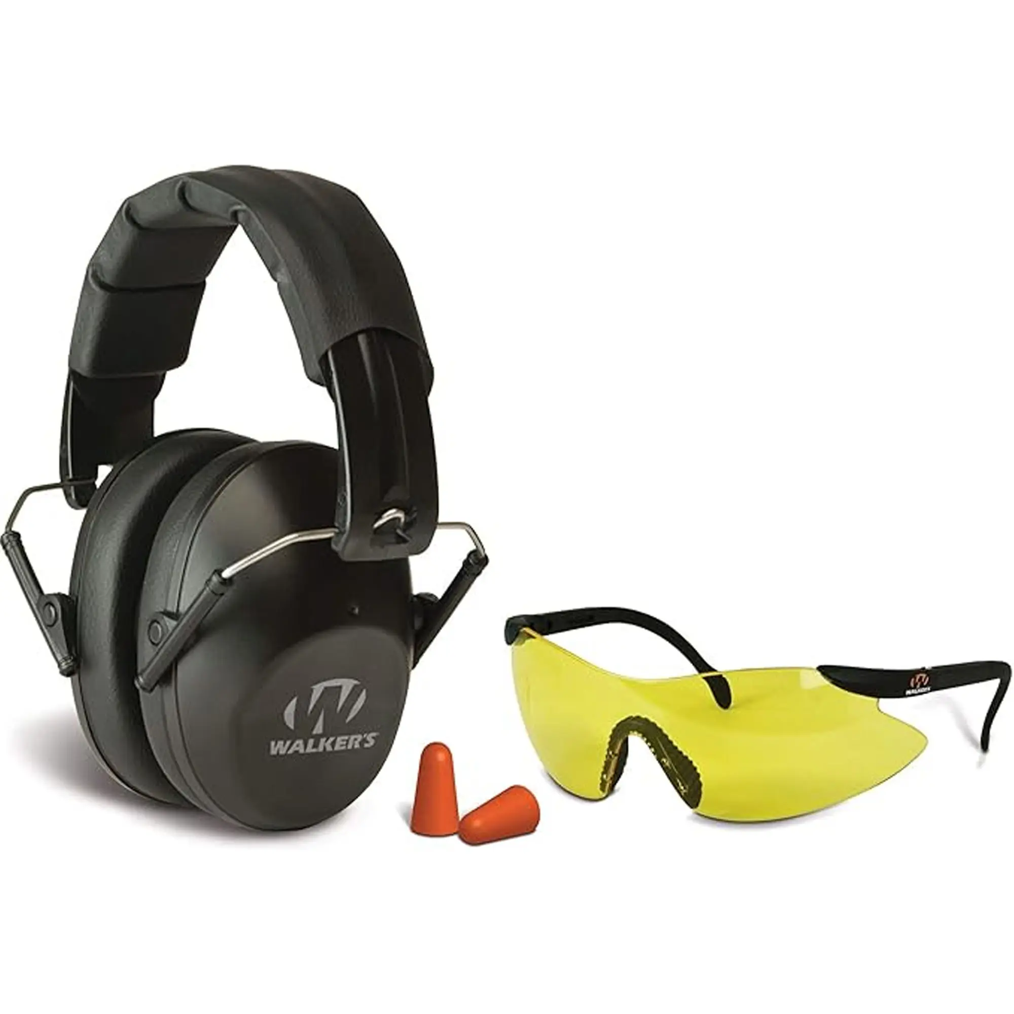 Walker's Pro-Low Profile Folding Muff Protective Gear Package - Hunting Gear with Contoured Cups, Soft Padded Glasses, Ear Plugs Combo, Safety Gear