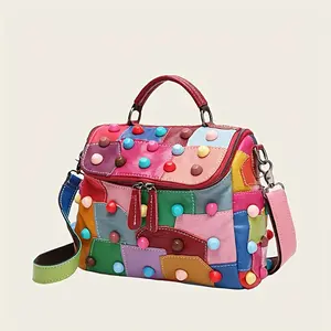 Stylish style luggage and bags1pc Geometric Pattern Handbag - Detachable Shoulder Strap, Zipper Closure, Polyester Lining, Multi-Functional Spacious Messenger Bag with Random Patchwork And Rivet Decoration, Suitable for Daily And Commuting Use