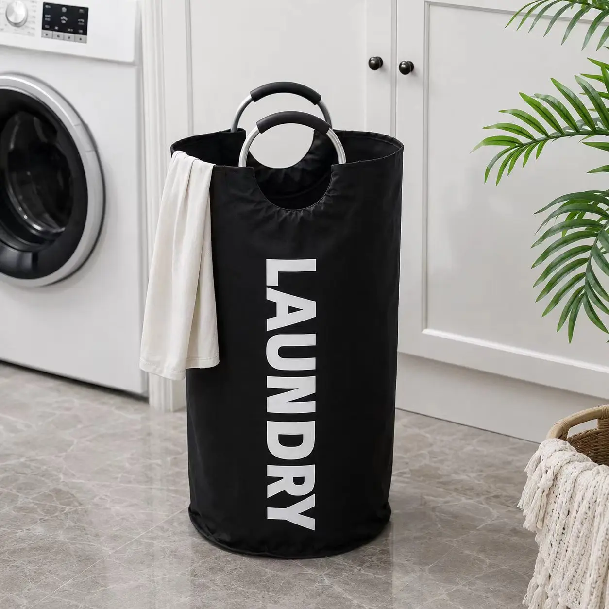 90L Oxford Heavy-Duty Collapsible Folding Laundry Hamper - Tall Slim Standalone PU Coated Waterproof Dirty Clothes Basket with Soft Grip Reinforced Handles for Bedroom, Bathroom (Black, Pink, Navy Blue)