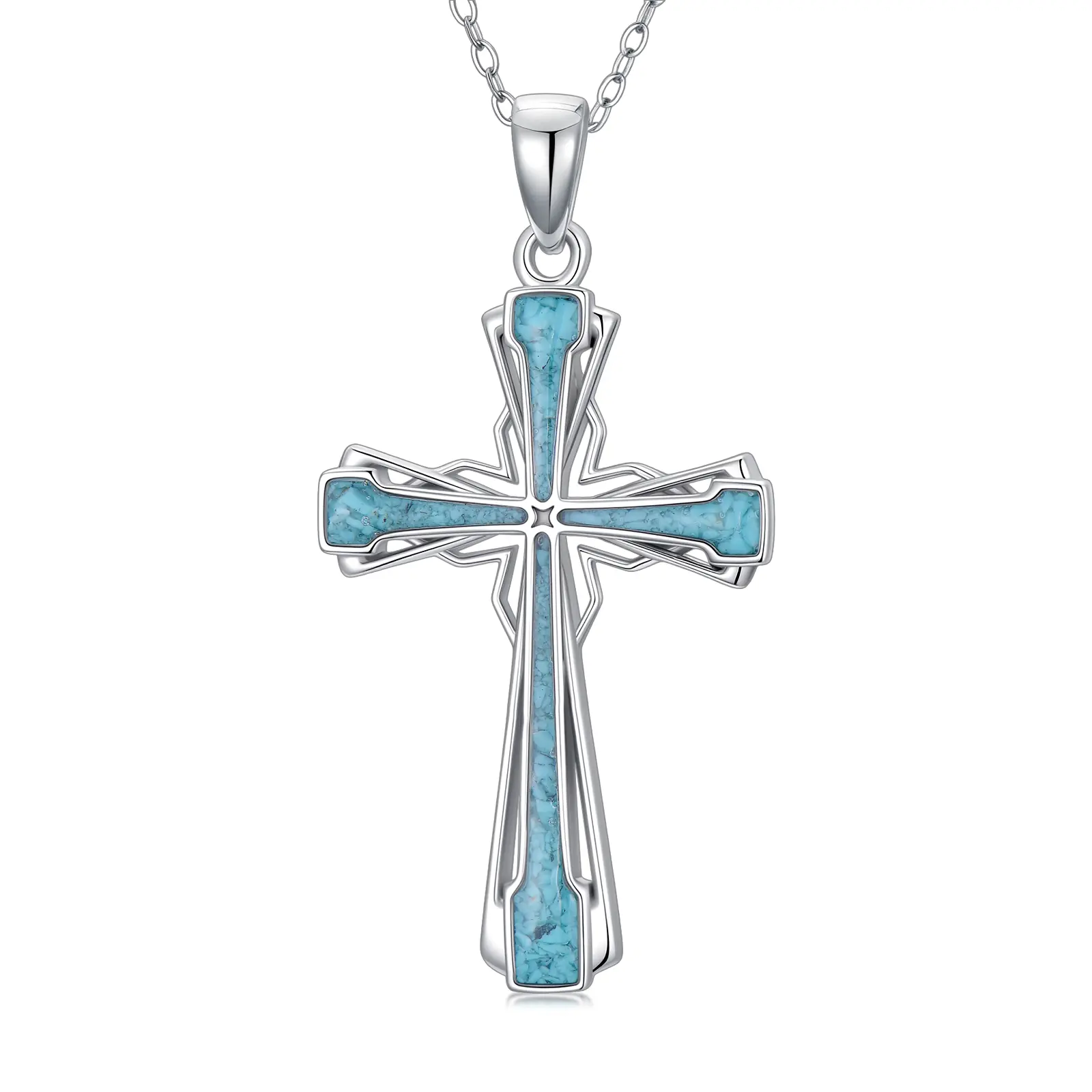 MEIDERBO 925 Sterling Silver Cross Necklace for Women, Vintage Southwestern Crushed Turquoise Pendant, Country Western Religious Jewelry Gift, Silver Cross Necklaces, Cross Drop Necklaces