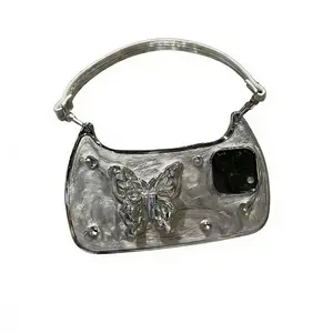 iPhone 12/13/14/15/16 Pro Max Gray Glitter Butterfly Phone Case with Wrist Strap Smartphone