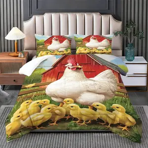2/3 Pcs Hen Protecting Chicks Bedding Comforter Set, Comforter & 1/2 Pillowcases (no filler), All-Season, Poultry Pattern, Fits Bedroom/Rustic Space/Dorm, Ideal for Family/Students/Holiday Gifting