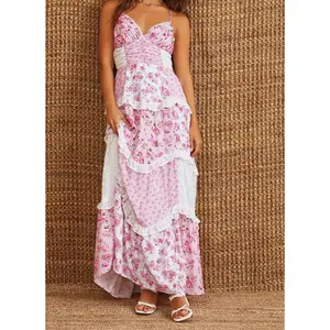 Floral Lace Patchwork Spaghetti Strap Dress - Available in Pink or Blue for a Chic Summer Look