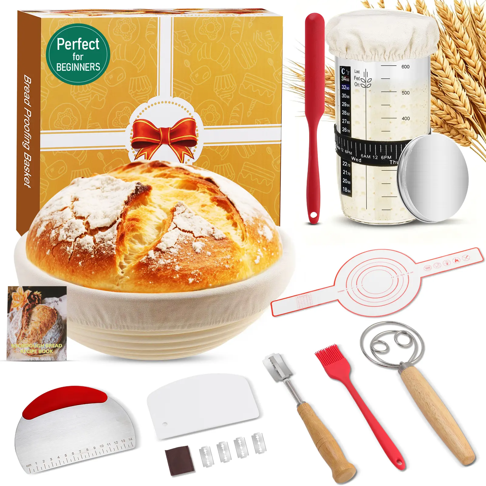 Complete Sourdough Starter Kit, 9 Inch Bread Proofing Basket, 24 Oz Sourdough Starter Jar Kit, Sourdough Bread Baking Supplies, Sour Dough Starter Kits for Beginners Home Bakers Wife Mom