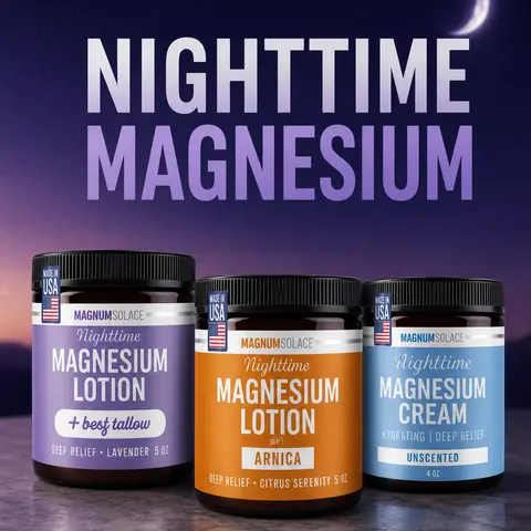 Magnum Solace Magnesium Body Care Set - Hydrating Nighttime Lotion & Cream for Body, Legs & Feet, Rich Beef Tallow Lotion, Arnica Citrus Lotion, Unscented Magnesium Cream, Full-Size 3-Piece Bundle