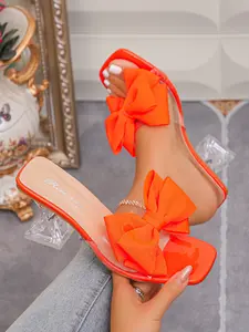 Women's Bowknot Transparent Heeled Sandals, Vintage Elegant Style, Office Party Dual Use, Open Toe, Rubber Sole, Less Than Ankle Height.Clear Heel Bow Slides. Fashionable Heeled Sandals