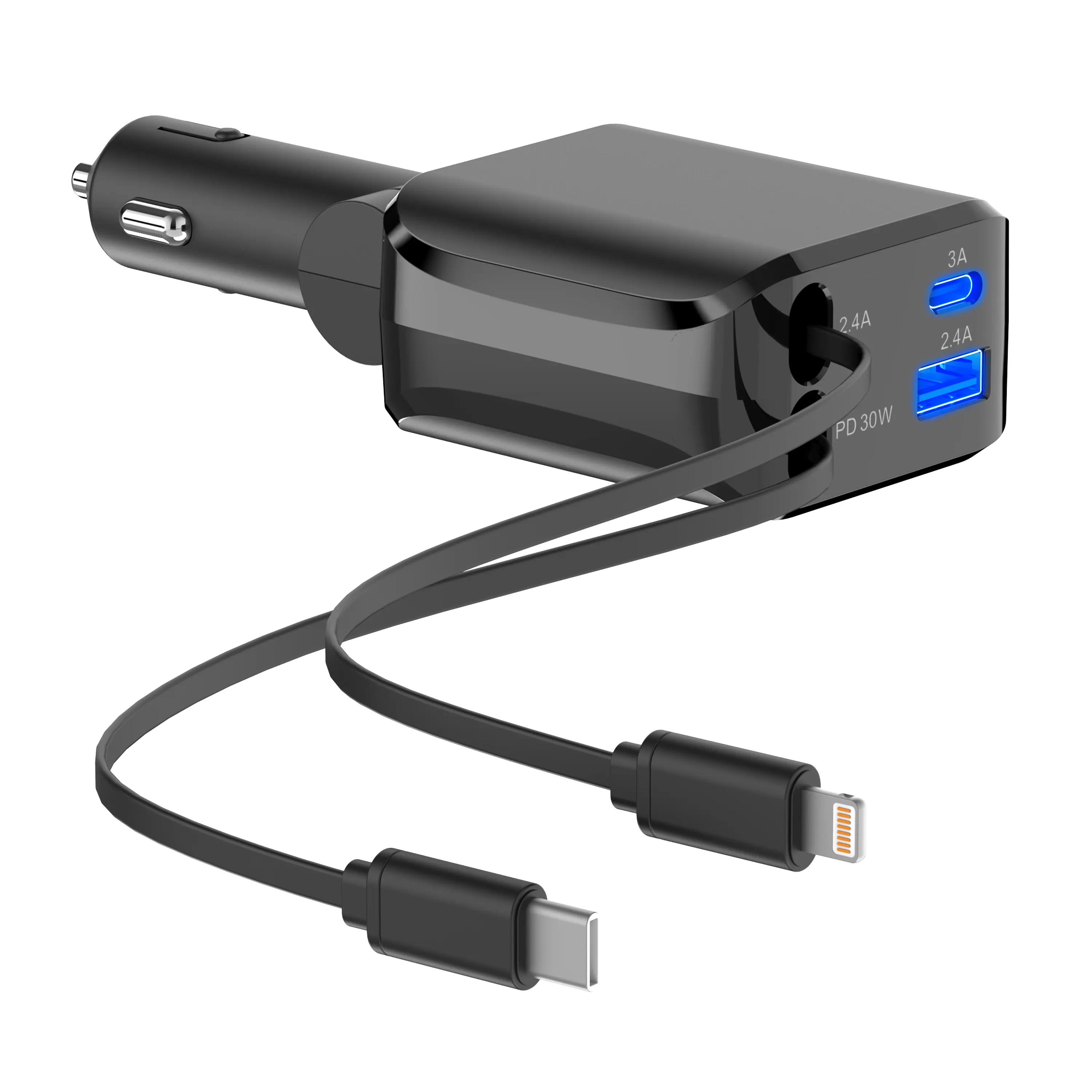 60W Retractable Car Charger - 4-in-1 USB-C Fast Adapter with Lightning Connector, Dual Ports, Multi Station Charging Solution for Compatible Devices, 4-In-1 Chargers